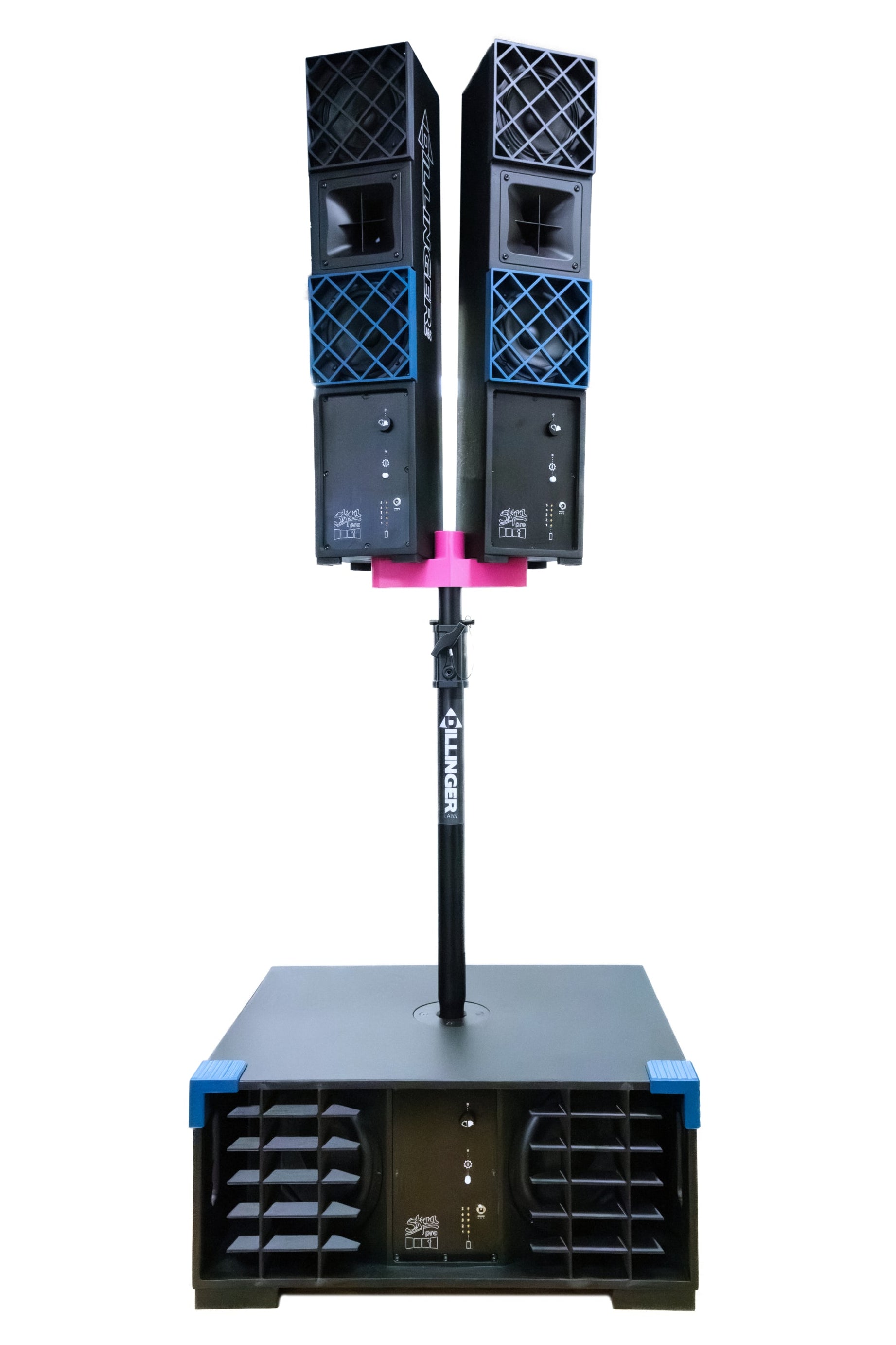 Pair of black speakers on a stand with a white background